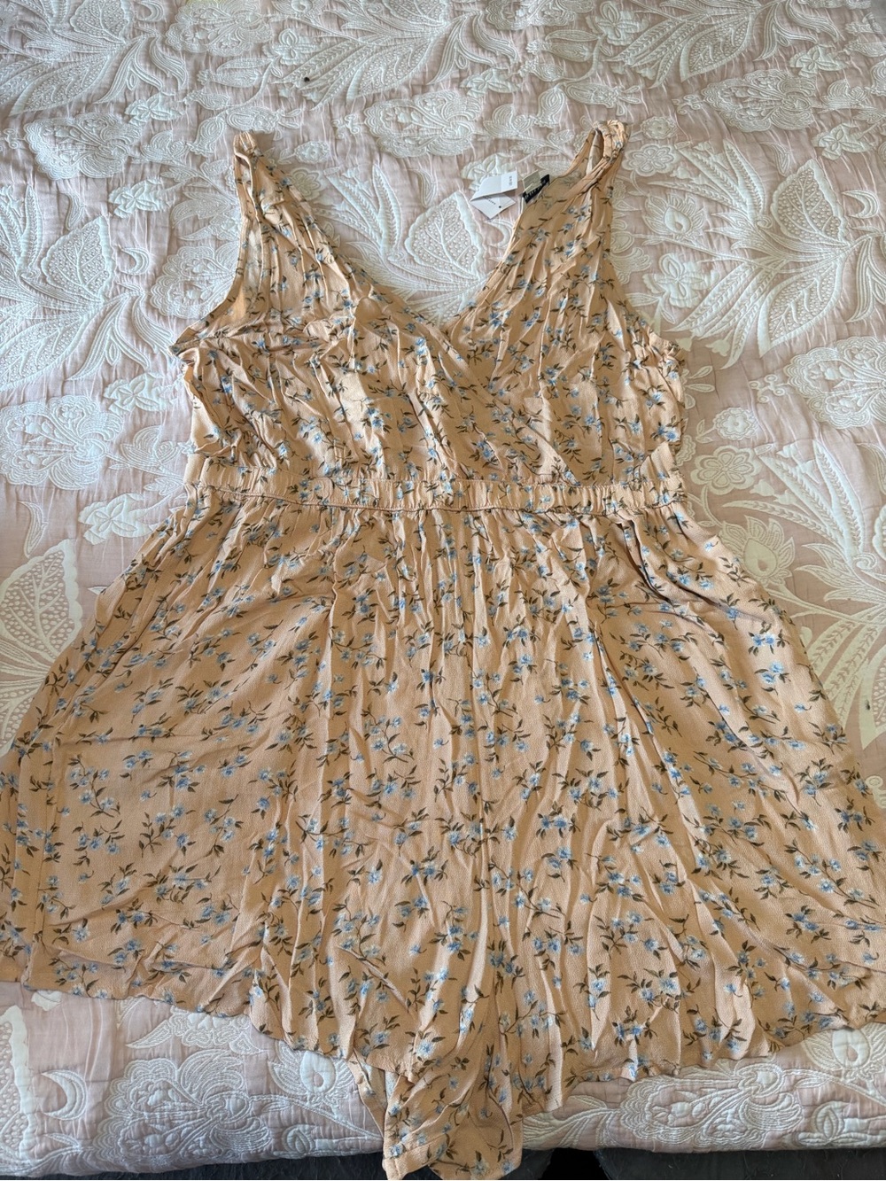 American Eagle Outfitters Peach Floral Romper with Blue Accent